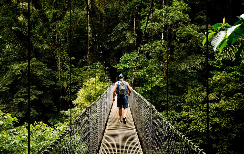 Mann läuft über eine Hängebrücke in Costa Rica